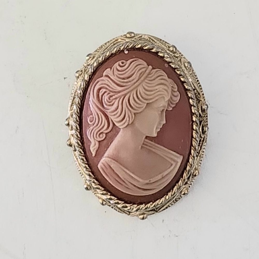 Vintage Signed Sarah Coventry Faux Shell Cameo Gold Tone Setting Brooch Pin